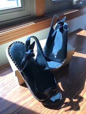 Eric Michael Black Patent Wedge Sandals